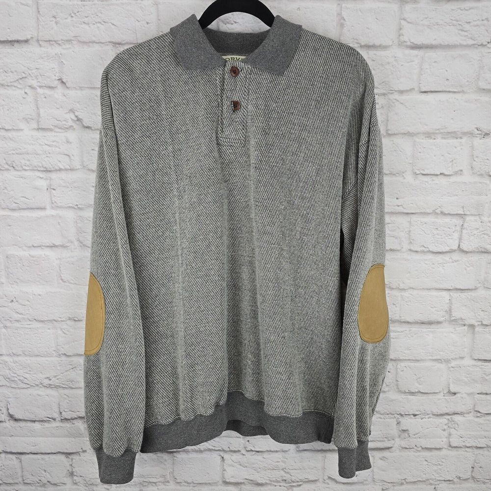 Orvis Thermal Grey 1/4 zip Sweater - Leather Elbow Patches Sz L Cozy & Stylish